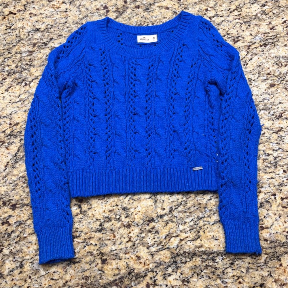 Hollister Royal Blue Cable Knit Cropped Sweater Wool Alpaca Blend Medium ws